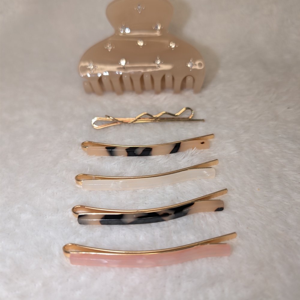 Neutral & Pink Hair Clip Set with Gold Accents